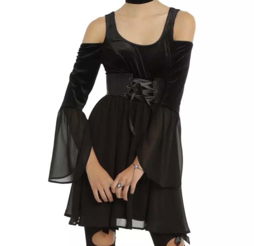 Hot Topic Black Velvet Cold Shoulder Bell Sleeve Corset Dress NWT Goth Witch